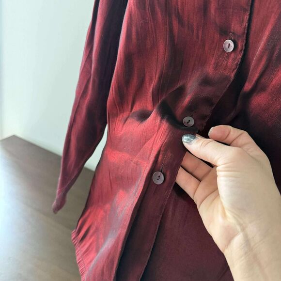 Basic Editions Women's Burgundy Metallic Button Up Shirt - Picture 3 of 6
